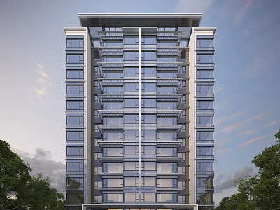 Modern High Rise Residential Building With Glass Facade And Green Trees 3d model