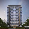 Modern High Rise Residential Building With Glass Facade And Green Trees