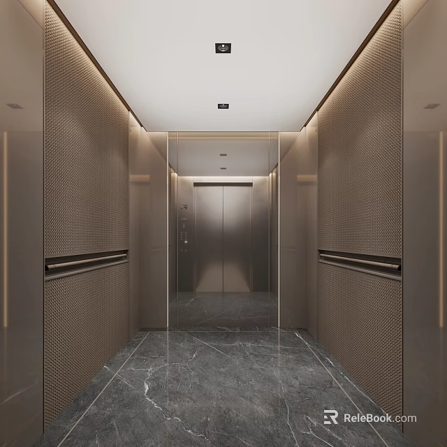 Elegant Elevator Lobby With Brown Woven Texture Walls Marble Floor And Ceiling Light Strips 3d model