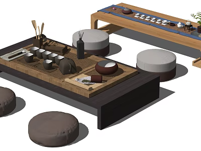 Wooden Tea Table and Chairs with Round Stools and Tea Sets in Leisure Area 3d model