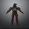 Futuristic Human Character In Red Black Mechanical Armor With Metallic Details