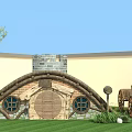 Grass Covered Roof Wooden House With Wooden Doors Windows And Brick Chimney On Green Lawn