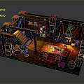 Cartoon Scene of Cozy Wooden Cabin Interior With Stairs Bookshelf Fireplace and Table