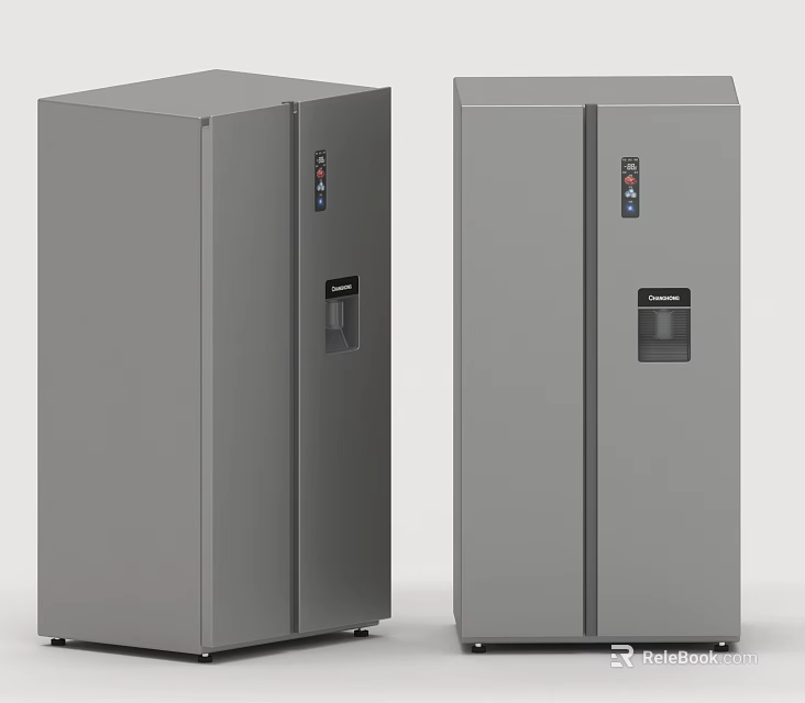 Modern Silver Double Door Kitchen Refrigerators With Control Panel Features 3d model