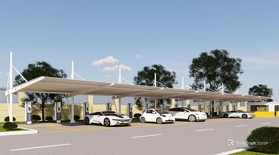 Electric Vehicles Parked At Outdoor Charging Station With Canopy And Trees 3d model 