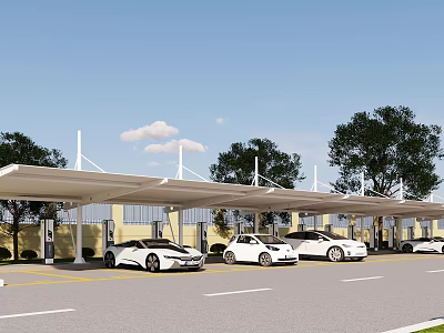 Electric Vehicles Parked At Outdoor Charging Station With Canopy And Trees 3d model