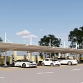 Electric Vehicles Parked At Outdoor Charging Station With Canopy And Trees