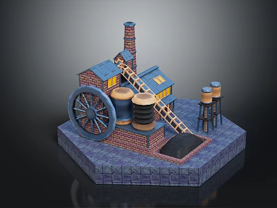 Vintage Industrial Building With Brick Structure Chimney Large Wheel Ladder And Water Towers 3d model