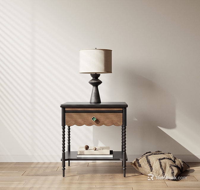 Stylish Side Table With Wooden Top Black Twisted Legs Table Lamp And Books On Shelf 3d model 