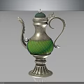 Silver Ornate Teapot With Green Body Decorative Handle Spout And Base For Daily Use