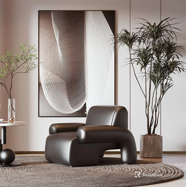 Modern Black Leather Single Sofa In Living Room With Abstract Painting And Tall Plant 3d model 
