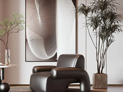 Modern Black Leather Single Sofa In Living Room With Abstract Painting And Tall Plant 3d model