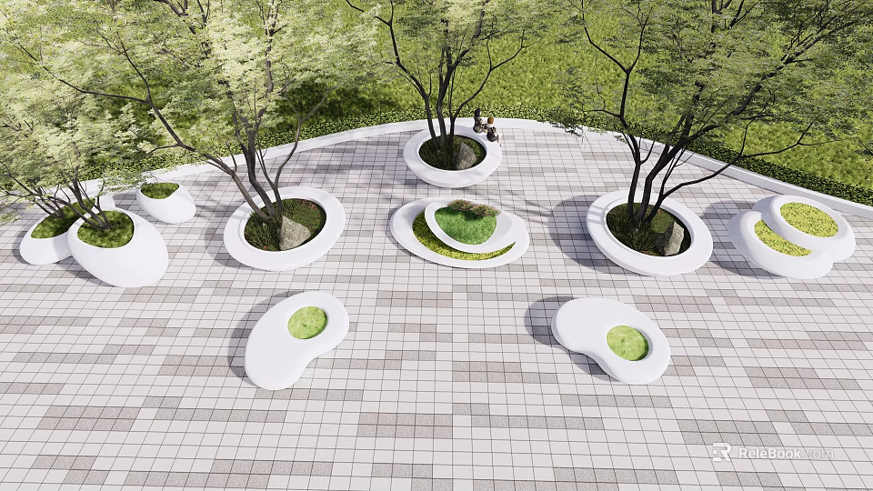 Modern Circular And Irregular Tree Planters On Tiled Ground With Green Plants And Trees 3d model