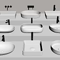 Various White Washbasins with Different Shapes and Black Faucets on