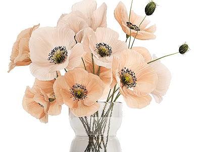 Decorative Ornament Set With Pink Poppy Flowers In Transparent Glass Vase 3d model