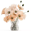 Decorative Ornament Set With Pink Poppy Flowers In Transparent Glass Vase