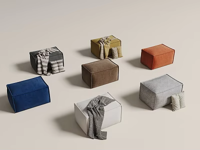 Stylish Modern Upholstered Ottomans In Various Colors With Decorative Throws For Living Room 3d model