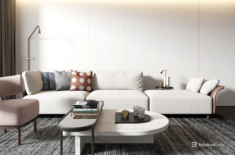 Modern White Sofa And Coffee Table Set With Decorative Pillows Floor Lamp And Side Stool 3d model