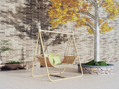 Natural Rattan Outdoor Swing Chair With Green Cushions In Garden By Yellow Leaf Tree 3d model