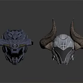 Fantasy Armor Helmets With Spiked Design And Horned Metallic Finish On White Background