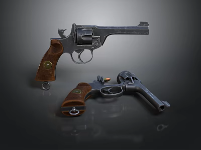 Two Different Sizes Revolvers With Metal Body And Brown Wooden Grips On Dark Background 3d model