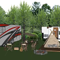Garden Landscape With RV Tent Outdoor Seating And BBQ Grill In Green Grass Area