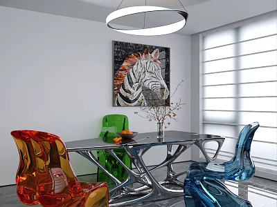 Modern Dining Table Set With Colorful Transparent Chairs And Silver Metal Frame 3d model