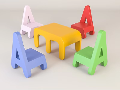 Colorful Kids Table and Chair Set with Letter A Shaped Chairs and Yellow Table 3d model