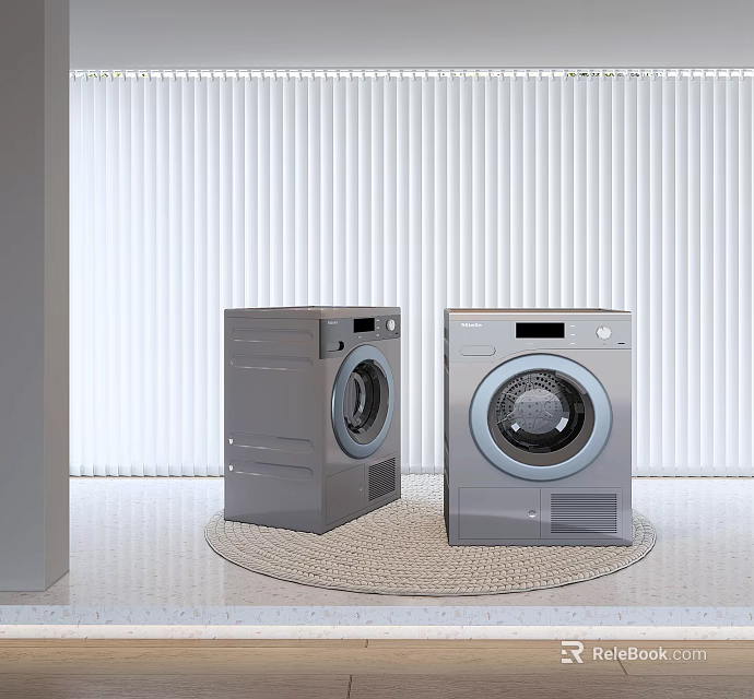 Two Modern Gray Front Load Washing Machines In Bright Room With Blinds 3d model 