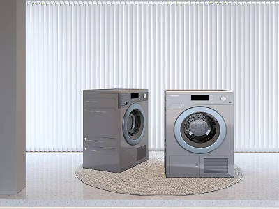 Two Modern Gray Front Load Washing Machines In Bright Room With Blinds 3d model