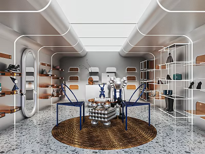 Modern Boutique Interior With Display Shelves Products Chairs And Decorative Round Rug 3d model