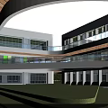 Modern School Building with Green Lawn Colorful Umbrella Structures Large Windows and Bright Exterior Design