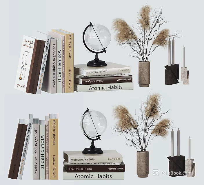 Stylish Decorative Ornament Combination With Stacked Books Globe Dried Pampas Grass And Candles 3d model 