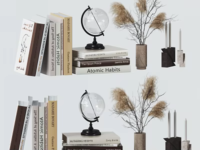 Stylish Decorative Ornament Combination With Stacked Books Globe Dried Pampas Grass And Candles 3d model