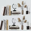 Stylish Decorative Ornament Combination With Stacked Books Globe Dried Pampas Grass And Candles