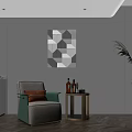 Modern Accent Chair With Green Beige Upholstery Orange Cushion Side Table Bottles Geometric Wall Art