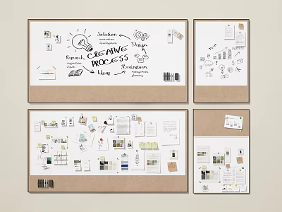 Creative Hanging Items on Corkboard with Design Sketches and Project Notes 3d model