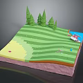 Cartoon Scene With Green Grass Pine Trees Blue Water And Layered Land