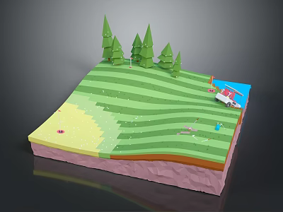 Cartoon Scene With Green Grass Pine Trees Blue Water And Layered Land 3d model