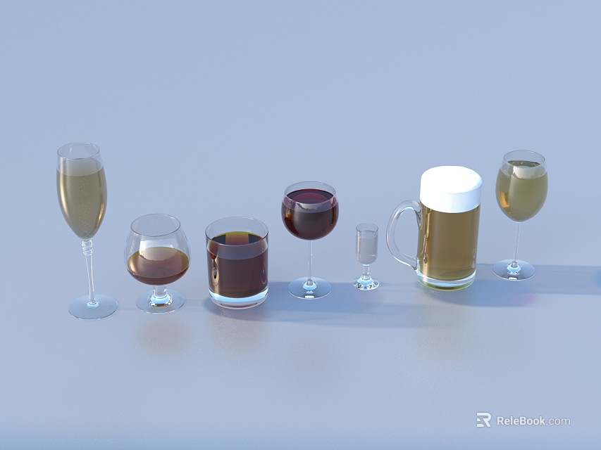 Different Colored Drinks in Various Glasses Including Champagne Red Wine and Beer Mugs 3d model 