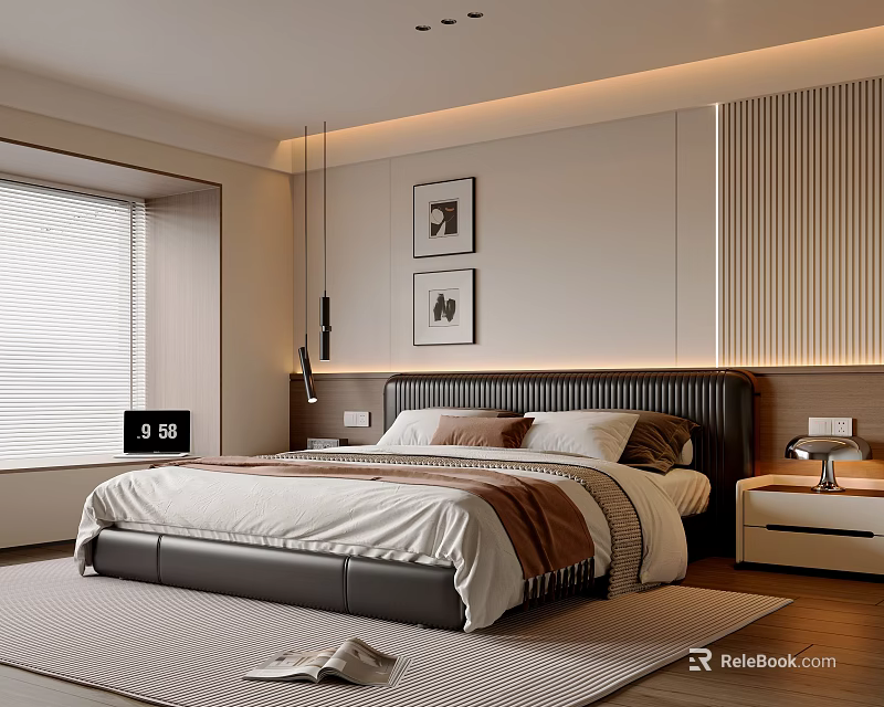 Modern Bedroom Interior With Large Bed Nightstand Wall Paintings Blinds Wooden Floor And Rug 3d model 