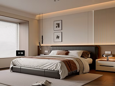 Modern Bedroom Interior With Large Bed Nightstand Wall Paintings Blinds Wooden Floor And Rug 3d model
