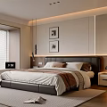 Modern Bedroom Interior With Large Bed Nightstand Wall Paintings Blinds Wooden Floor And Rug