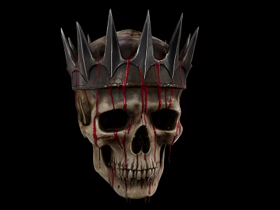 Realistic Human Skull With Metal Spiked Crown And Red Bloodstains Decoration 3d model