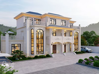 Stunning White Detached Villa With Two Floors Large Windows Front Porch And Garden Driveway 3d model