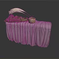 Gray Cloth Covered Table With Decorative Sailboat Model And Woven Basket
