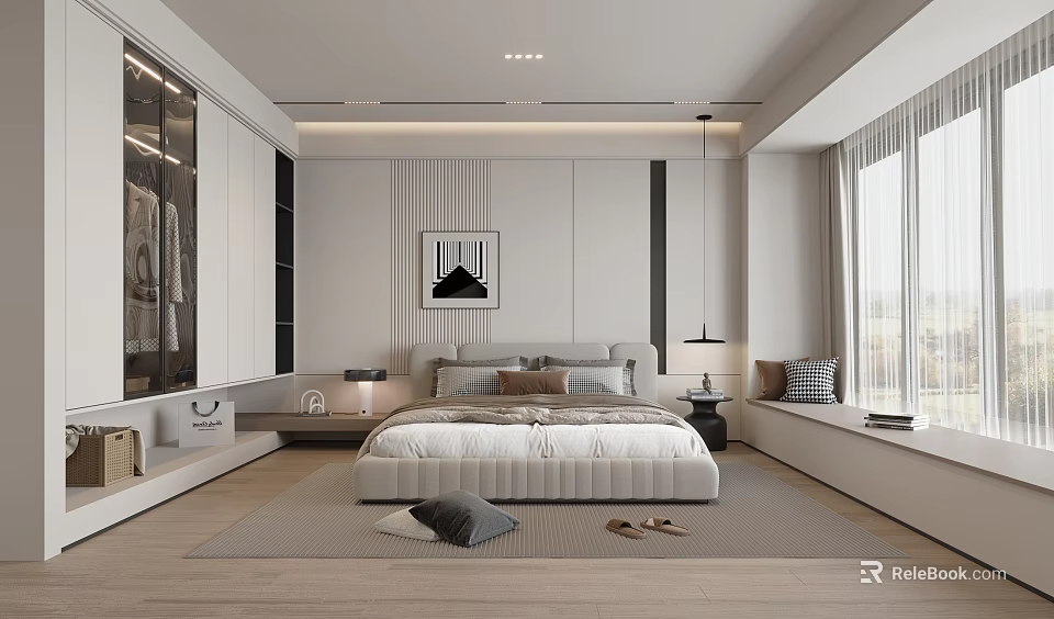 Modern Bedroom Interior Design With Platform Bed Gray Rug Artwork And Large Windows Curtains 3d model