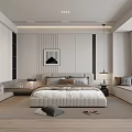 Modern Bedroom Interior Design With Platform Bed Gray Rug Artwork And Large Windows Curtains 3d model