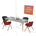 Modern Dining Table Set With Wooden Top Red Black Chairs Glass Vase And Silver Utensils