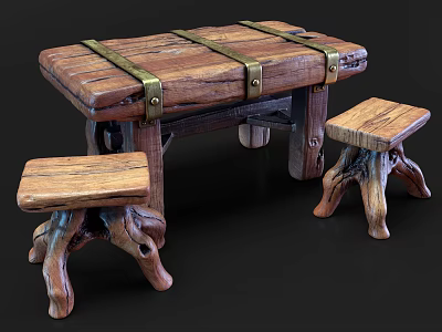 Rustic Wooden Outdoor Table With Metal Straps And Root Shaped Leg Stools 3d model